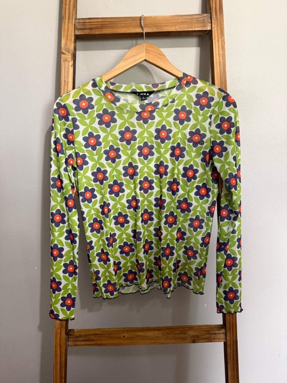 Anna Green Floral Long-Sleeve Crewneck Top